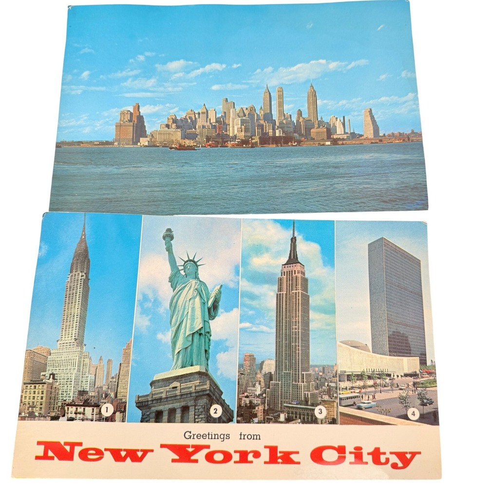 Vintage Plastichrome NYC Postcards Blue Statue of Liberty Skyline Souvenir MCM